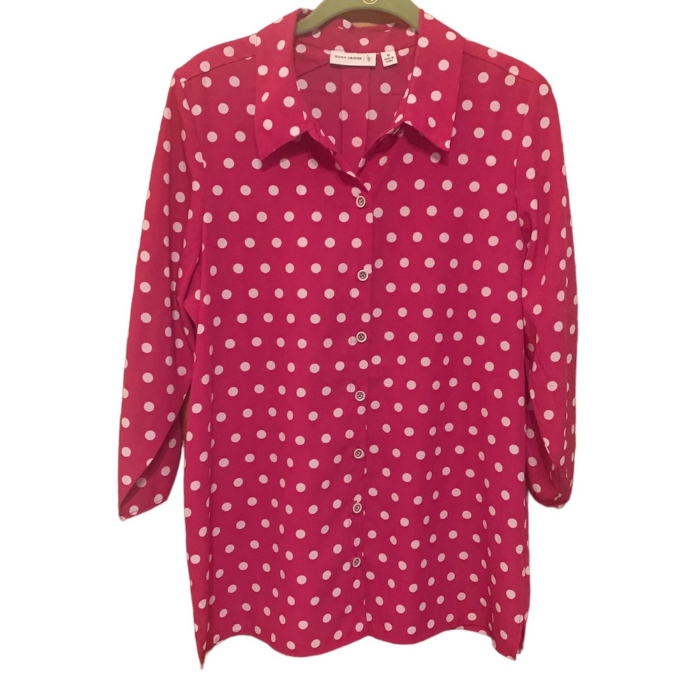 Susan Graver Polka Dot Shirt with Ruched Sleeves - Picture 3 of 10